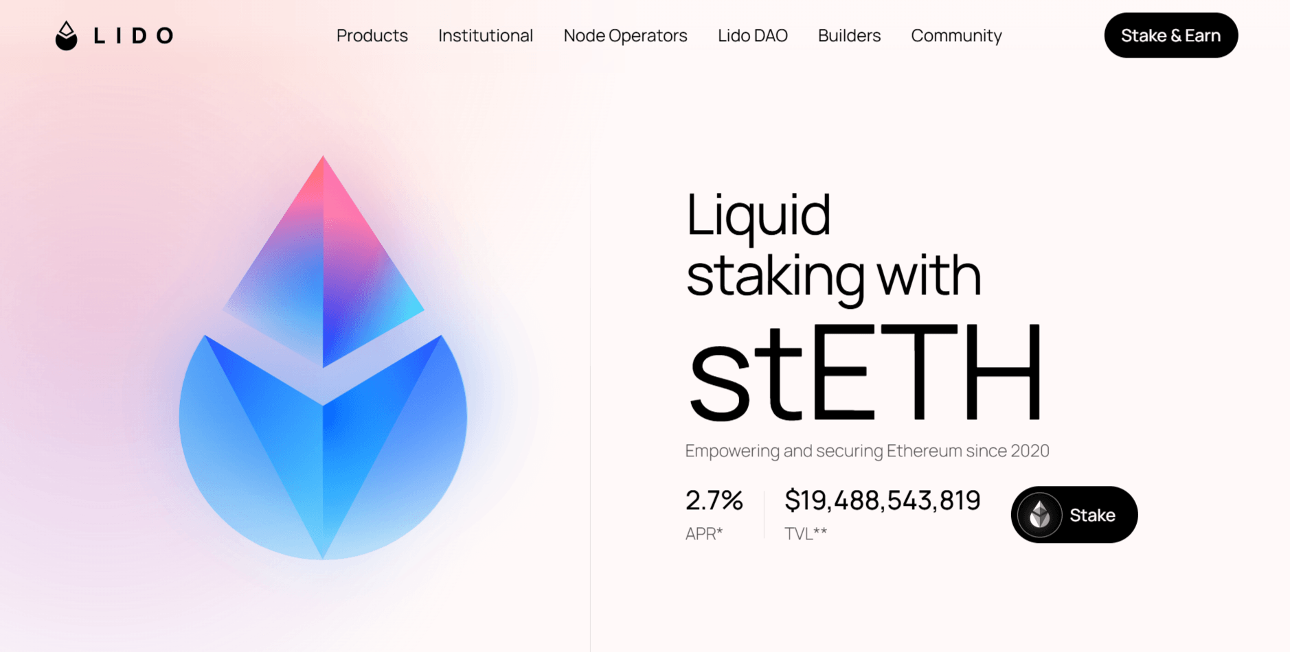ETH staking interface on Lido.fi: main page with amount input form and current APY
