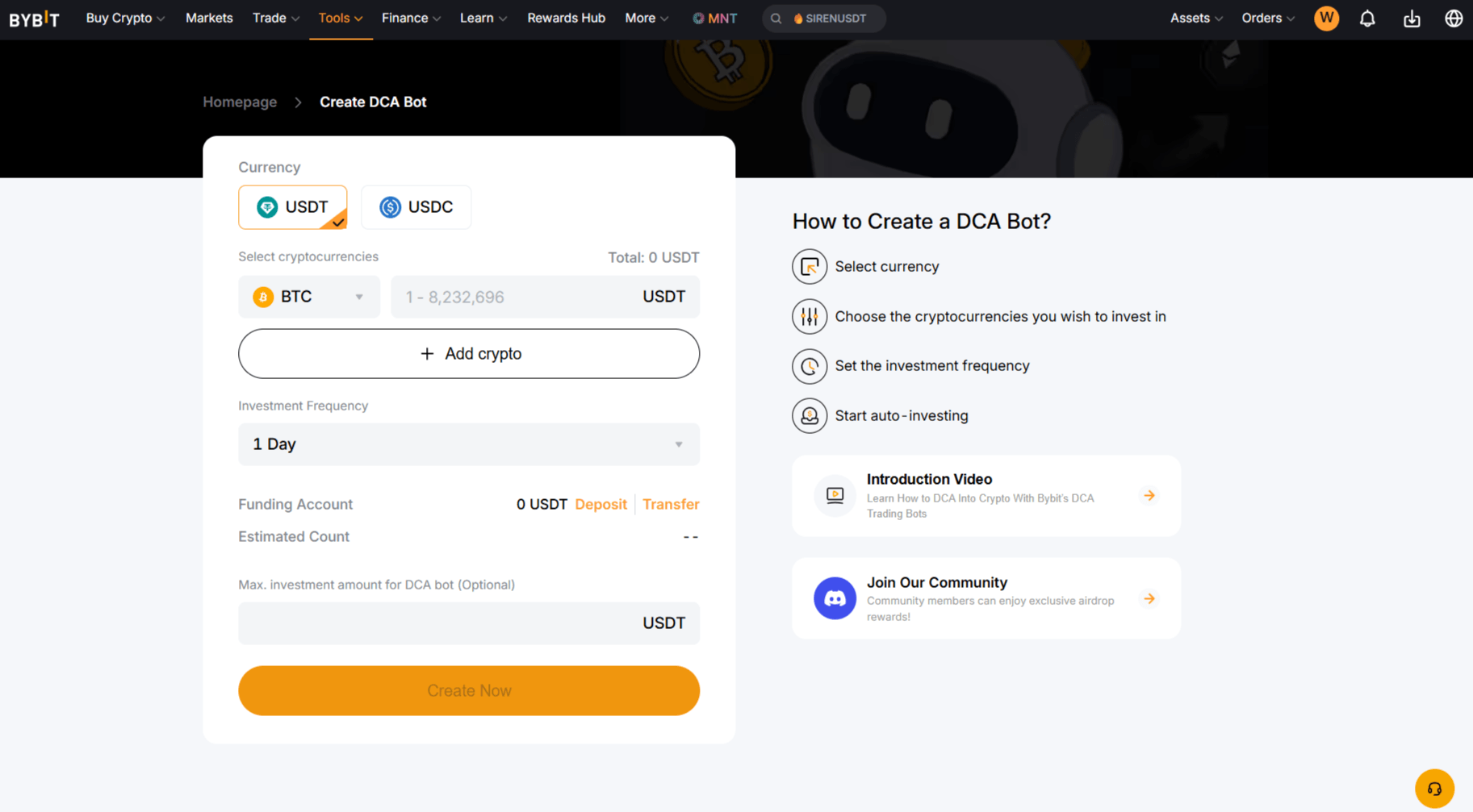Bybit DCA Bot — DCA strategy setup interface