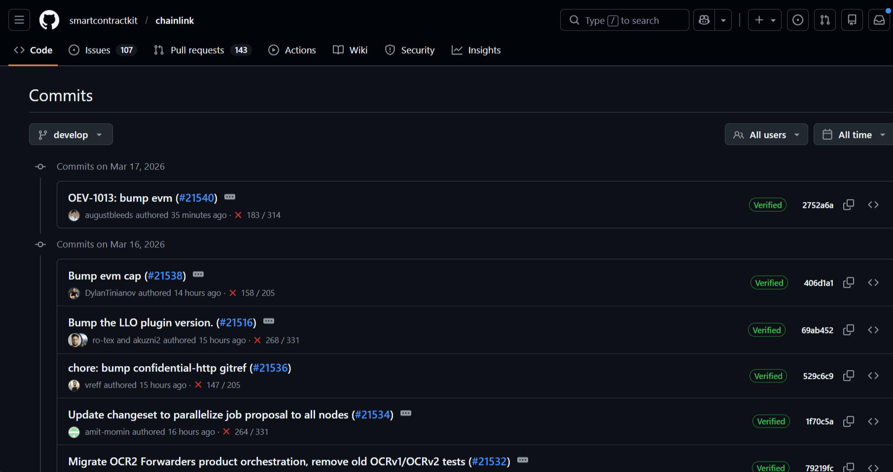 Checking GitHub activity: Chainlink repository page with commits and developer count