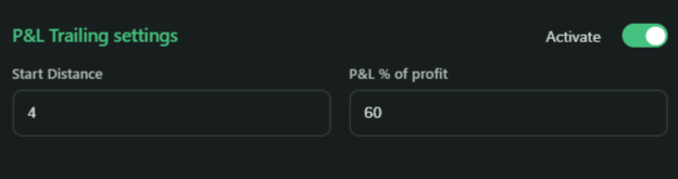 P&L trailing settings in Ginarea with 4% distance and 60% trailing