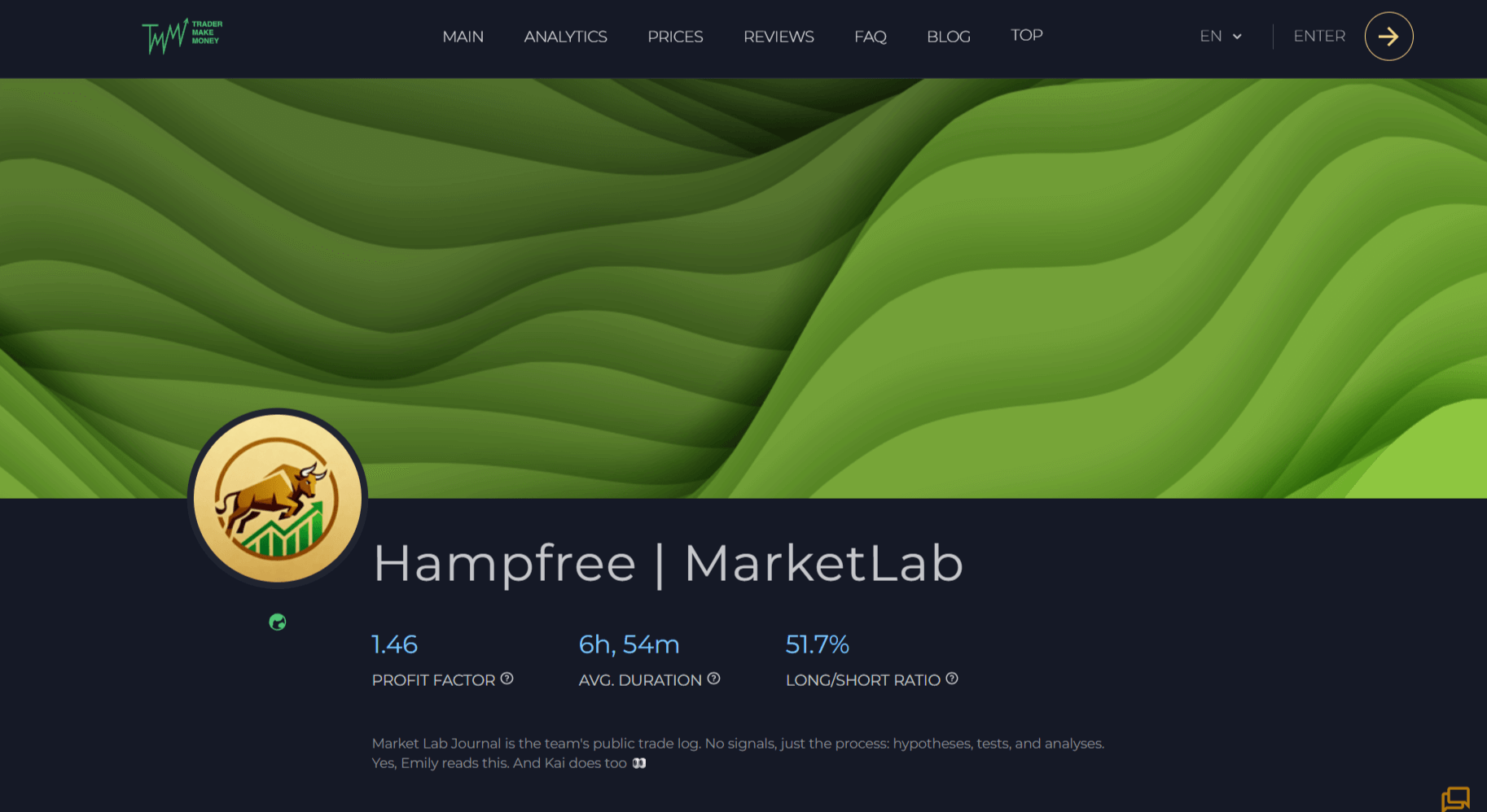 TraderMake.Money interface — main page with overall statistics